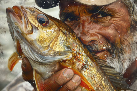 A triumphant man wearing a hat proudly displays a large fish he caught, showcasing his successful fishing expedition.の素材