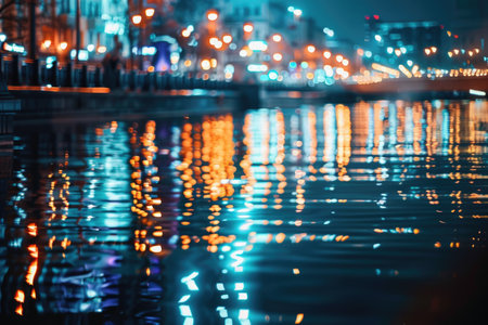 A vibrant cityscape illuminated by countless lights, nestled against the tranquil waters of a river or lake, creating a dazzling reflection of urban beauty.の素材