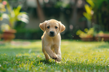 A cheerful ginger Labrador puppy with a wagging tail enthusiastically runs towards the camera in a vibrant green grass field.の素材