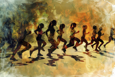 A vibrant painting capturing a diverse group of people joyfully sprinting together, exuding energy and unity as they move forward in unison.の素材