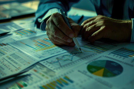 A person deeply focused, writing on a piece of paper with a pen, showing their financial progress in a close-up shot emphasizing wizardry.の素材