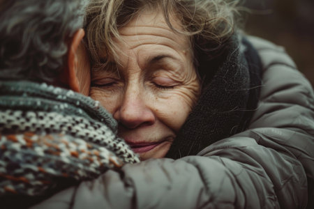 A woman with closed eyes embraces another woman in a heartfelt hug, showcasing a powerful display of empathy and connection between two individuals.の素材