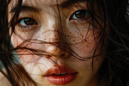 A detailed shot capturing a womans freckled hair, showing her expressive beauty and unique features.の素材