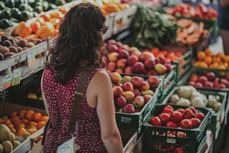 A woman stands in admiration in front of a display of vibrant, fresh fruits at Fresh Market Finds. She carefully selects the finest produce with delight.の素材
