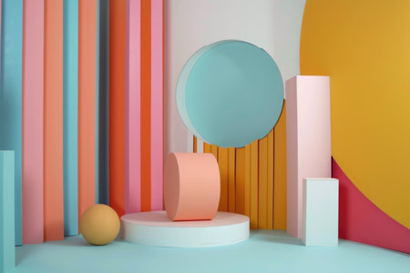 A room filled with colorful decor, featuring a round mirror hanging on the wall as the focal point, adding a touch of elegance and reflection to the space.の素材
