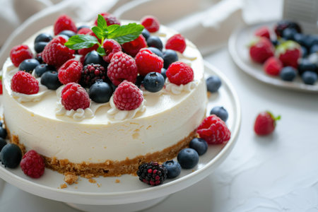 A close-up view of a delicious cheesecake with a crispy base, topped with an assortment of fresh and colorful berries on a plate.の素材