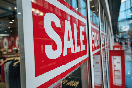 A modern shopfront featuring a striking "SALE" sign in white and red, creating a focal attractive point for potential customersの素材
