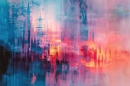 A vibrant abstract painting capturing the essence of a bustling cityscape, with towering buildings in the background and a sense of movement and energy.の素材