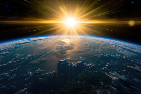 Earth's horizon curves gracefully under a radiant sunrise from space.の素材
