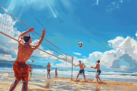 A group of friends enjoying a game of volleyball on a sunny beach. Laughter and friendly competition fill the air as they spike, dive, and serve.の素材