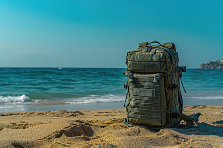 An olive green tactical backpack stands alone on a sandy beach, overlooking the peaceful seaの素材
