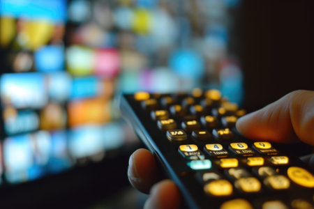 A close-up shot of a person holding a remote control, fingers poised on the buttons, reflecting a sense of control and authority in the digital age.の素材