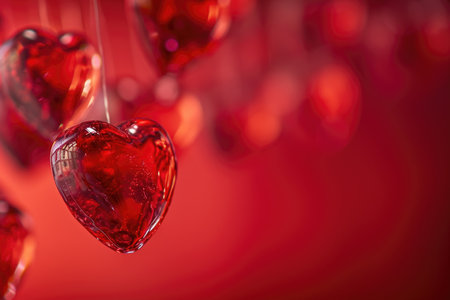 Valentine's Day concept with shiny heart balloons on red.の素材