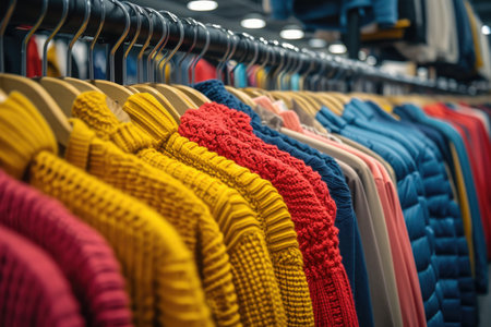 Multicolored winter apparel lined up for sale, focusing on the variety of huesの素材
