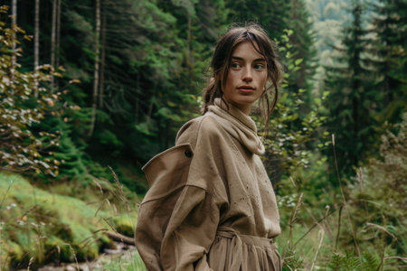 A woman stands gracefully amidst tall trees in a lush forest, connecting with nature and enjoying the peaceful surroundings.の素材