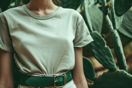 A graceful woman in a white shirt and stylish green belt, exuding elegance and poise with her fashionable attire.の素材