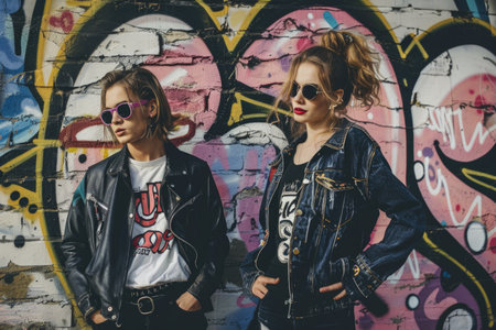 Two fashionable young women standing side by side on a city street, exuding confidence and style in their trendy attire.の素材