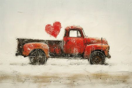 Red heart stands out against a toy truck in snow.の素材