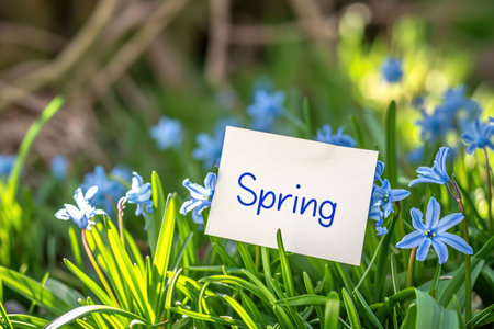 Lush grass, blue flowers, and a "Spring" card evoke the season's renewalの素材