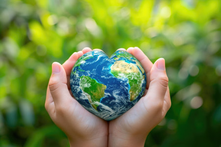 Commitment to Earth's future, as hands frame a fragile, blue and green sphere.の素材