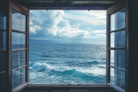 An idyllic scene from an open window, revealing an endless sea meeting the sky in a serene union of azure wavesの素材