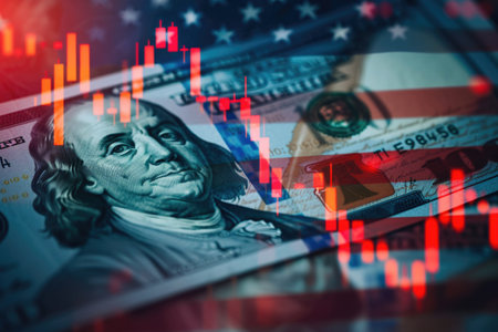 Economic power illustrated by American money and the ebb and flow of market charts.の素材