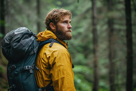 Bearded hiker in yellow, pensive under a green canopy.の素材