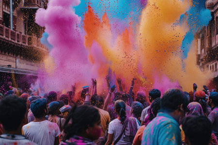 Dynamic blend of colors raining down on a joyous throng of people.の素材