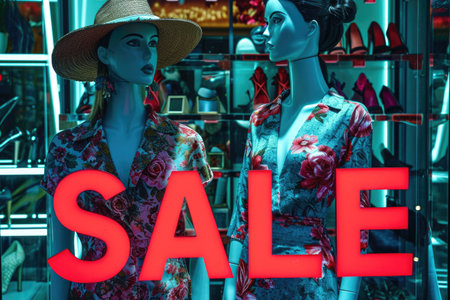Vibrant sale sign above a mannequin in a boutique window.の素材