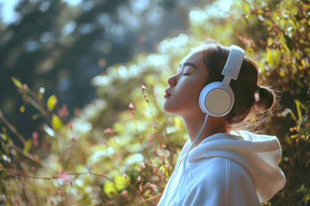 Amidst a lush, green setting, a woman wearing a white hoodie stands in rapturous appreciation of the music playing through her oversized white headphonesの素材