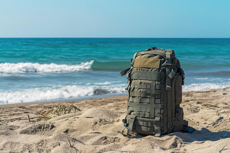 An olive green tactical backpack is set against the backdrop of a calm ocean, evoking a sense of adventureの素材