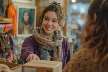 Cheerful saleswoman in scarf presents a box to a customer with a smile.の素材