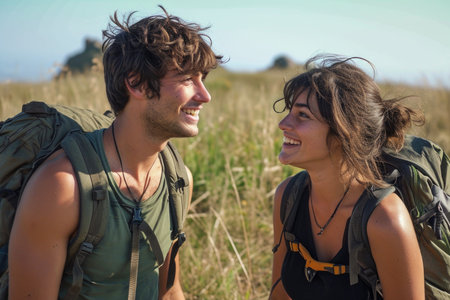 The cheerful duo, with hiking gear, revel in a nature escape.の素材