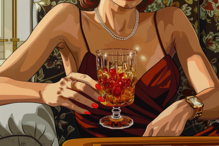 A sophisticated woman in a stunning red dress gracefully holds a glass of wine, exuding elegance and poise in a luxurious setting.の素材