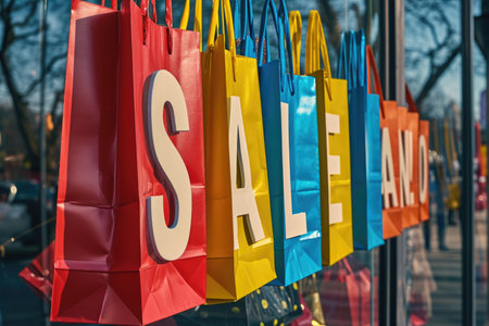 Colorful shopping bags with the word "SALE" displayed in a store window.の素材