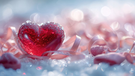 Romantic composition: Glossy red heart amid soft pink ribbons and smaller heartsの素材