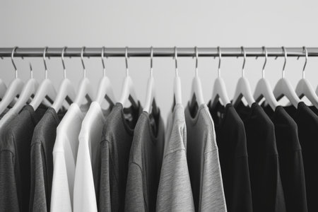 Monochromatic t-shirt display: Grayscale depiction of a row of t-shirtsの素材