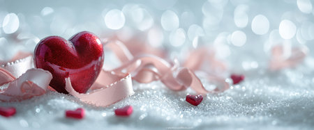 Heartfelt design: Glossy red heart shines amid gentle pink ribbonsの素材