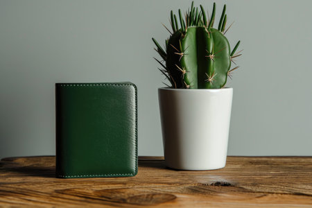 A vibrant green cactus plant and a sleek leather wallet resting on a wooden table. The contrast of nature and finance creates an intriguing visual narrative.の素材