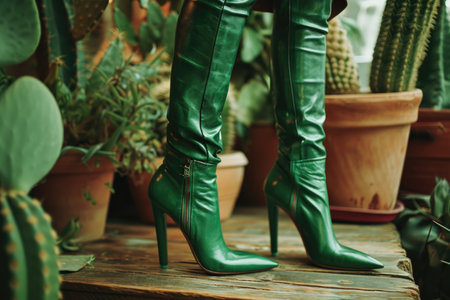 A close-up view of a woman showcasing her legs adorned in stylish green high heel boots, exuding an aura of sophistication and glamor.の素材