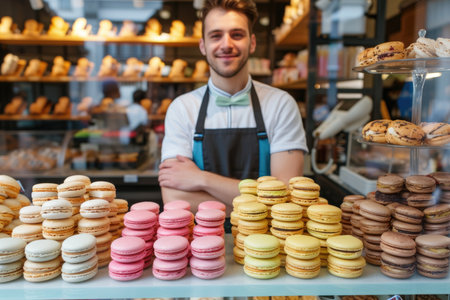A welcoming male baker with folded arms, standing behind a colorful macaron display.の素材