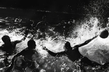 A dynamic scene unfolds as a group of individuals engage in a lively game in the water, joyfully splashing around while passing a ball to one another.の素材