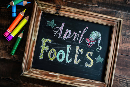 A rustic frame encloses a chalkboard, the scene set for light-hearted April tomfoolery.の素材