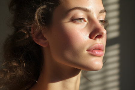 Natural beauty highlighted by the sun, casting a radiant glow on a redhead.の素材