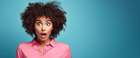 Amazed female with bouncy curls reacting with excitement, her eyes popping.の素材