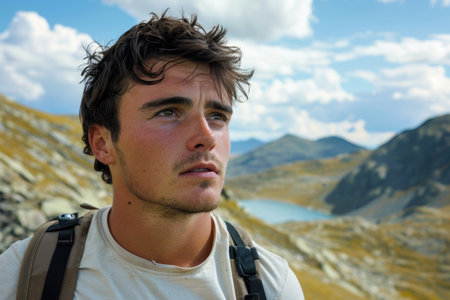 Young hiker with a serene mountain lake backdrop.の素材