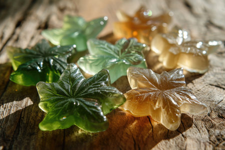 Clear cannabis leaf-shaped gummies on wood, lit to emphasize details. Warm, natural ambiance. Translucent green to golden tonesの素材