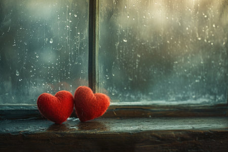 Frosted window with two hearts glowing in the warmth of a winter dawn.の素材