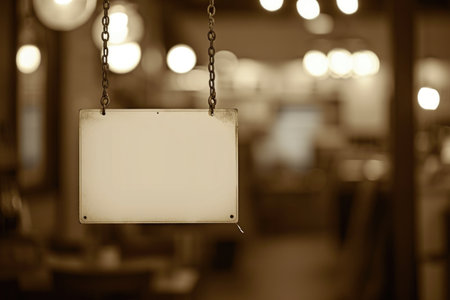 An empty signboard, suspended from a chain, bathed in warm lighting, and surrounded by a bokeh background for added charmの素材