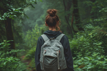 A moment of reflection for a lone traveler surrounded by the tranquility of a forest.の素材